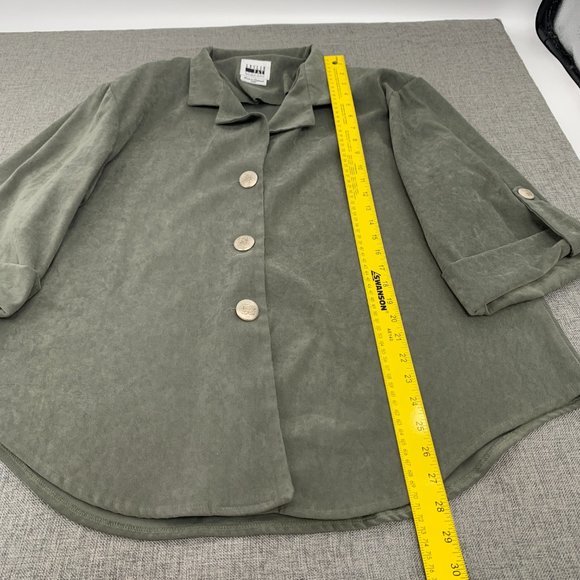Vintage Leslie Fay Suede Button Down Blouse Green Sz 16WP Collared 3/4th Sleeves - Picture 7 of 13